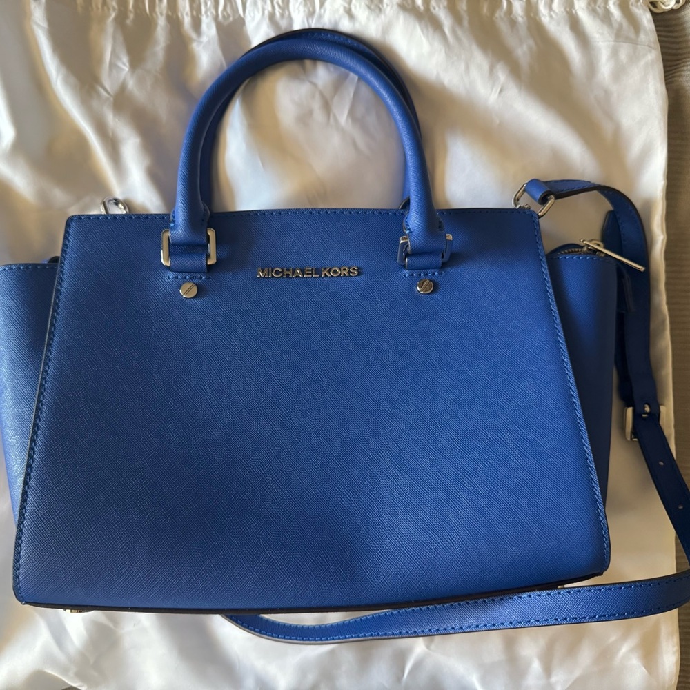 Michael Kors Blue Crossbody Purse with Gold Accents